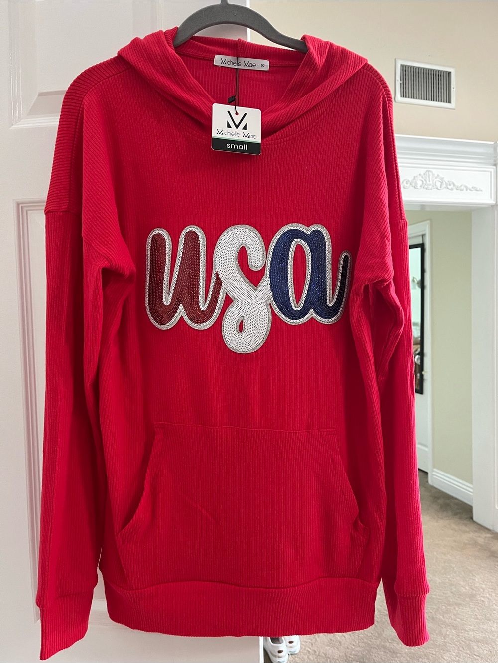 Michelle Mae Red USA Patriotic Appliqué Ribbed Stretchy Hooded Pullover